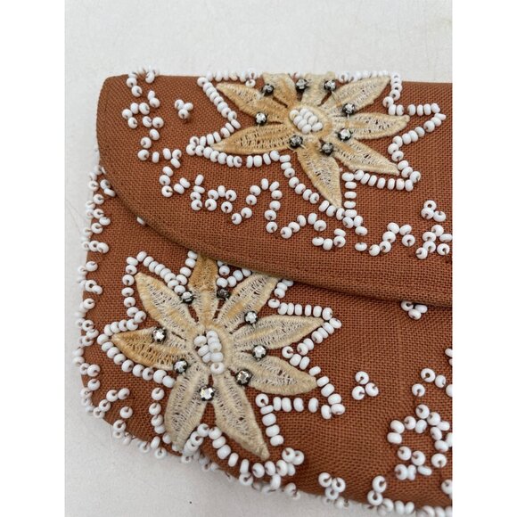 Vintage Rust Fabric Beaded Floral Embroidered Clutch Purse Snap Closure 9x5" - Picture 4 of 9